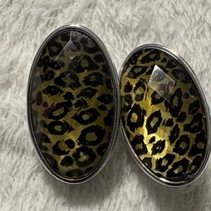 Leopard Print Oval Earrings in Black and Gold- Clip Earrings